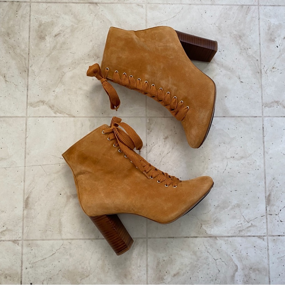 $250 Sezane Alicia Brown Suede Lace-Up Block Heel Ankle Boots Size 37/7